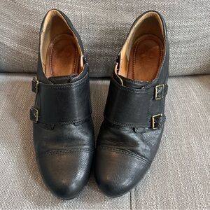 Clarks Sapphire Athena Double Monk Strap Black Leather Booties 4in Heel 9.5